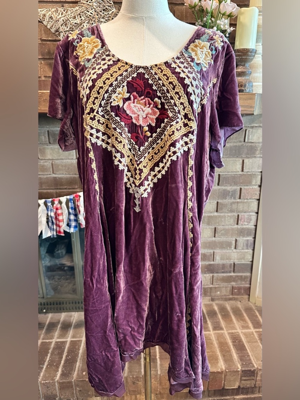 Johnny Was JW Los Angeles Velvet Embroidered Tunic Dress XL Boho Whimsigoth